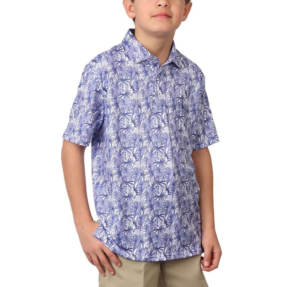 Tailorbyrd Boys  Stenciled Leaves Printed Performance Polo Shirt, Blue